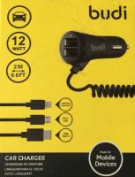 Автомобильное зарядное устройство Budi Car Carger 2 USB with Type C / Micro USB / Lightning Cable black