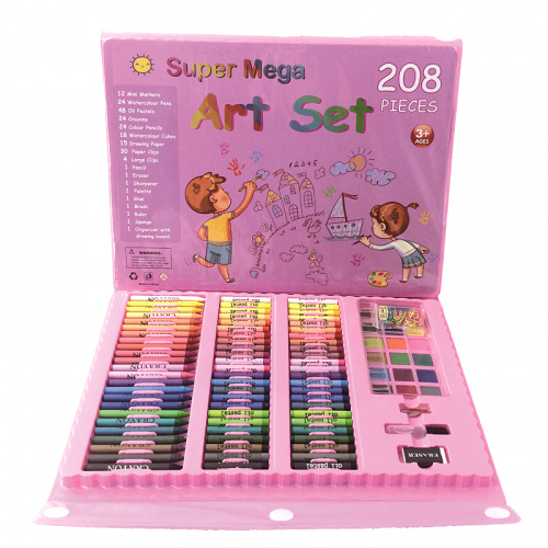 Чемоданчик "Набор Юного художника" для рисования Super Mega Art Set 208 предметов с мольбертом, розовый