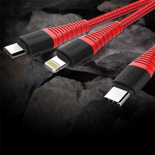 Кабель ROCK 3 in 1 Hi-Tensile Lightning - Micro USB - Type-C - USB red