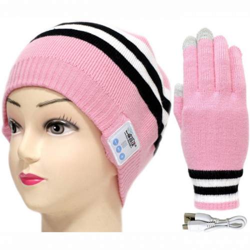 Шапка с Bluetooth наушниками + сенсорные перчатки, розовый