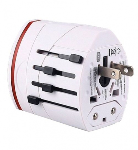 Адаптер питания 110-220B - USB Af два порта, зарядка 1А, 4 переходника для разных розеток, белый